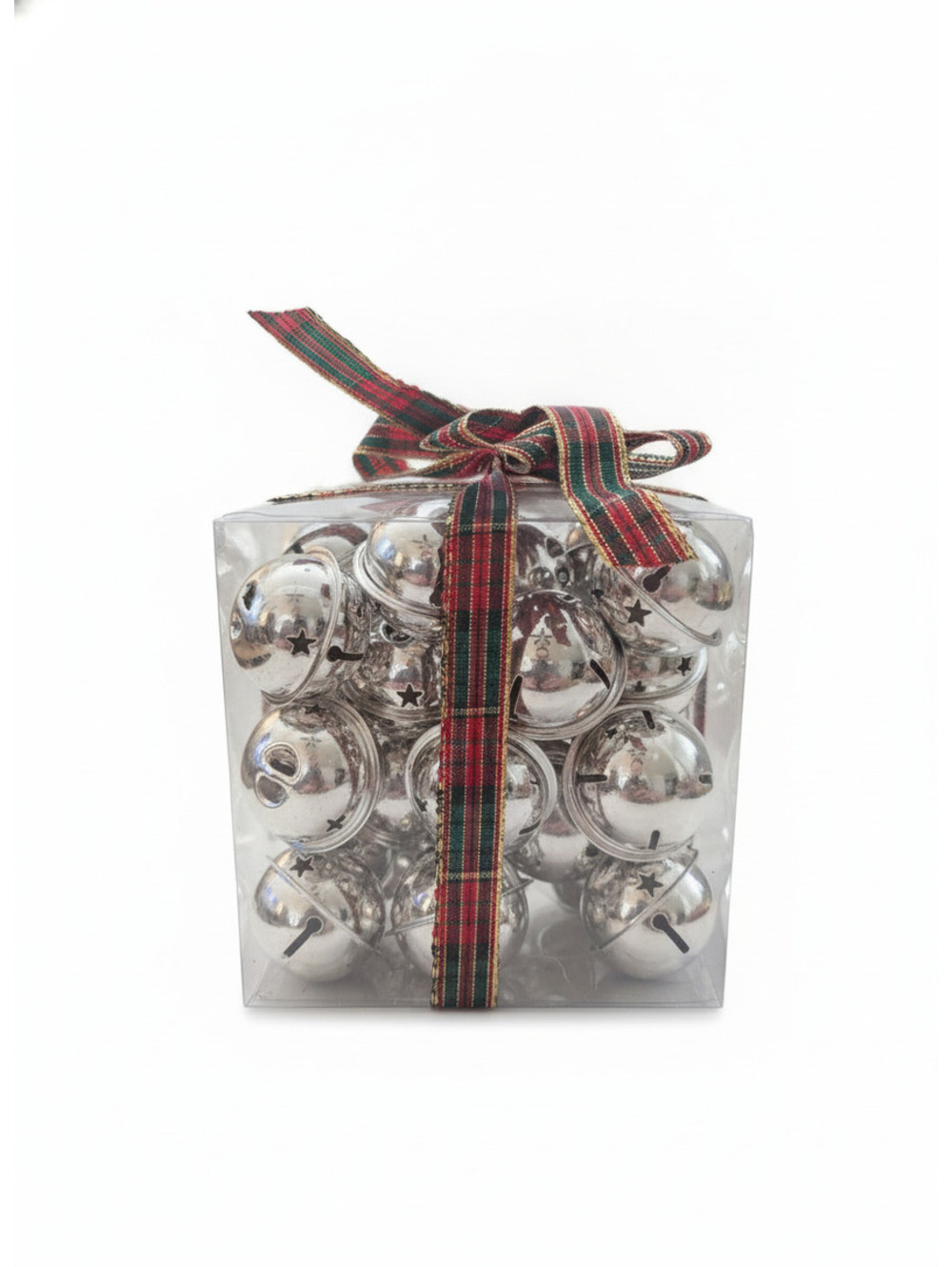 Silver Christmas Jingle Bells with Plaid Ribbon Decoration